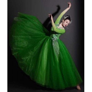 Green Flamenco dance dresses for women girls opening dance big swing skirt for female backup dancers Adult modern ballet stage performance swing skirts