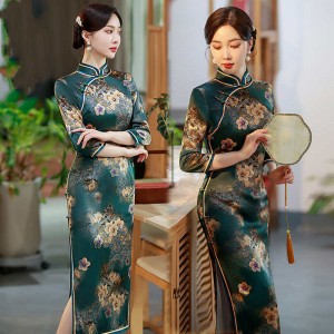 Green floral chinese dresses qipao cheongsam for  women morality show  elegant temperament wind retro model catwalk show republic of Chinese dress