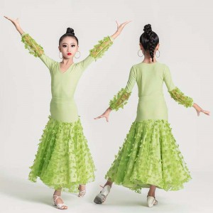 Green flowers ballroom dance dresses for girls kids waltz tango ballroom dancing long skirts for children 