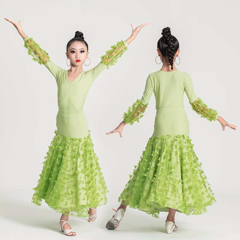 Green flowers ballroom dance dresses for girls kids waltz tango ballroom dancing long skirts for children 