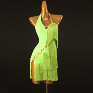 Green fringe halter neck latin dance dresses for women girls adult rhythm modern salsa rumba chacha dance costumes for female