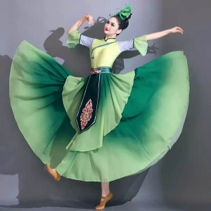 Green Gradient Chinese folk Classical dance costume princess dress fairy hanfu girl Ethnic tea picking dance clothes art test Yangge dance clothes