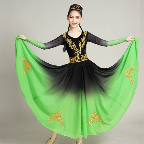 Green gradient colored Xinjiang Dance dressfor women  Chinese folk dance Costume Minority Uyghur Big Swing Dress Art Test Opening Solo Performance skirt