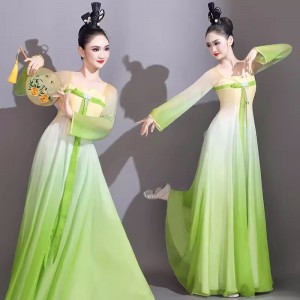Green Hanfu Chinese folk Classical dance costumes for women girls water sleeves Chinese style Tea art dance fairy dresses Han Tang Han princess cosplay skirt guzheng performance set