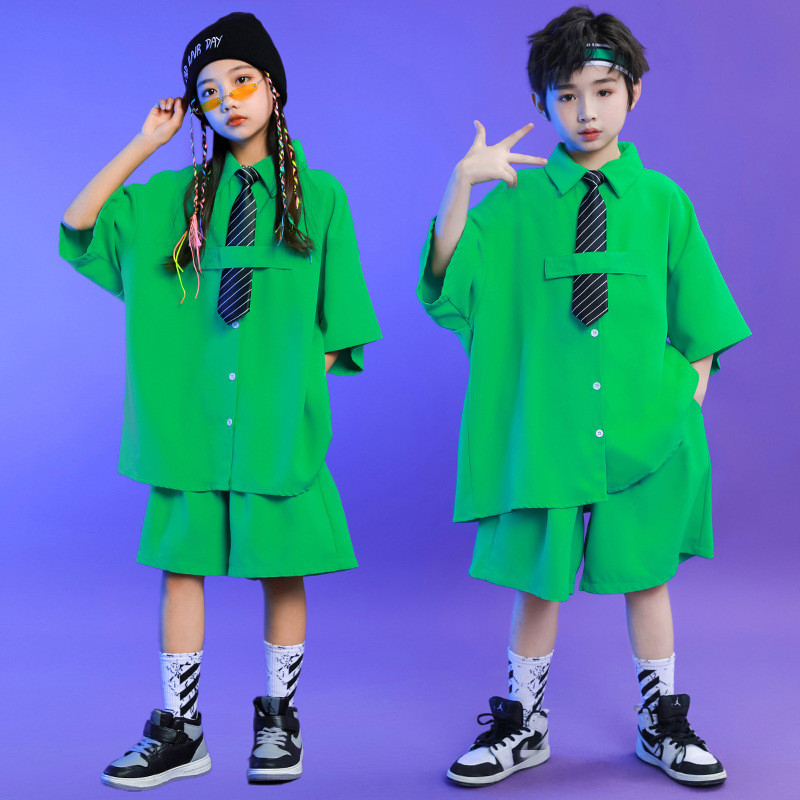 Green Hiphop costumes for girls boys street jazz dance outfits rapper singer outfits Children dance three-piece Clothes boy hip-hop model show dance wear
