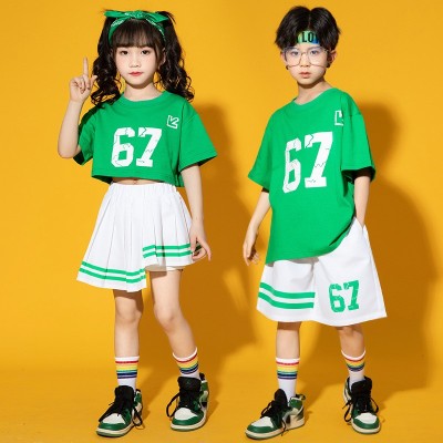 Green Hiphop dance costumes for girls school graduation cheerleading peformance uniforms children rapper singers street dance clothes for girls 