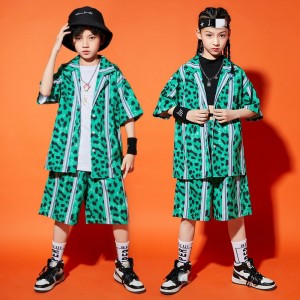 Green leopard hiphop costumes for girls boys Street jazz dance outfits hip-hop performance clothing for kids hiphop gogo dancers dance clothes 