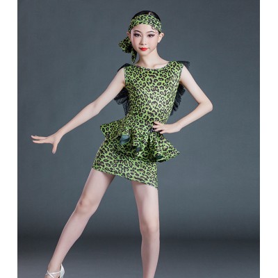 Green leopard printed latin dance dress for girls kids fashion latin stage performance costumes for children birthday gift dress