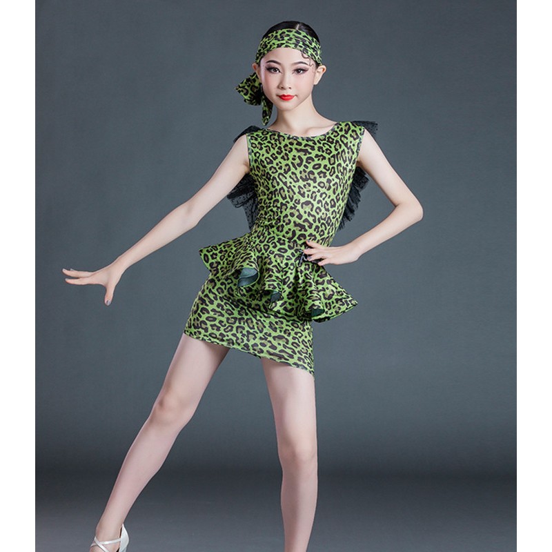 Green leopard printed latin dance dress for girls kids fashion latin stage performance costumes for children birthday gift dress