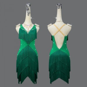 Green Tassels Competition Latin dance dresses for women Girls Professional layer fringe Salsa Rumba Chacha ballroom Performance Costumes for Woman