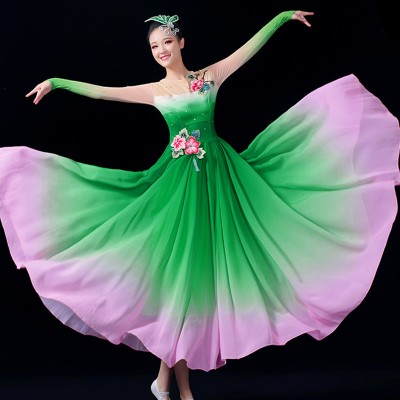 Green with Pink Chinese Folk Classical dance Costumes For Women Girls Wing Ho Yangge Fan Umbrella clothing Modern Dance Dresses for female