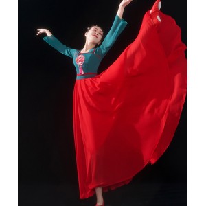 Green with red Chinese folk Classical dance costume for women modern Chinese dance performance clothing adult Hanfu umbrella dance performance suit