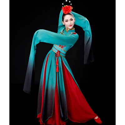 Green With red Gradient Chinese folk Classical dance dresses female floating fairy princess hanfu Caiwei water sleeves dance dresses for adults