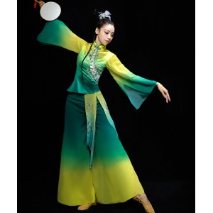 Green yellow chinese folk dance dresses Jasmine classical dance performance clothes fan umbrella dance Yangge suit adult