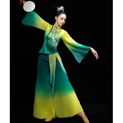 Green yellow chinese folk dance dresses Jasmine classical dance performance clothes fan umbrella dance Yangge suit adult