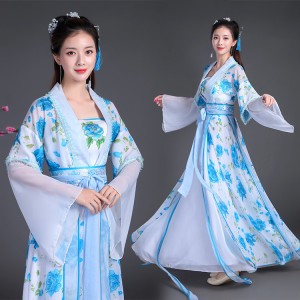 Hanfu Blue flowers chinese folk dance fairy dresses photograogy ancient traditional dance performance dresses