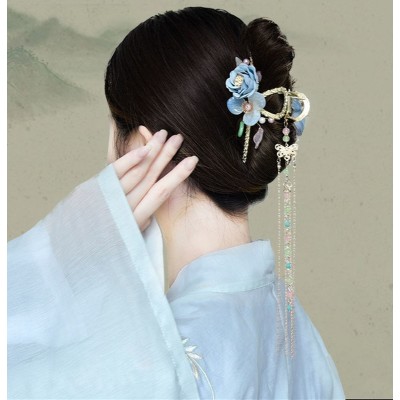Hanfu hair princess hairpin for women girls Chinese hanfu hair comb ancient hair ornament Silk flower grab clip headgear costume style back head hairpin