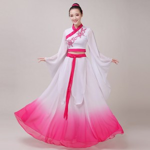 Hanfu White with pink chinese folk dance costumes chinese ancient traditional fairy dress fan umbrella yangko performance dresses robes