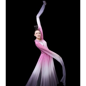 Hanfu Women's chinese folk dance dress water sleeves pink with silver gradient fairy princess performance dance dress
