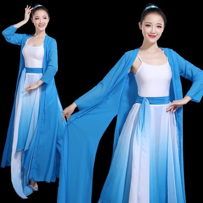 Hanfu women's female chinese folk dance dress blue colored ancient traditional classical dance dresses fairy umbrella dresse