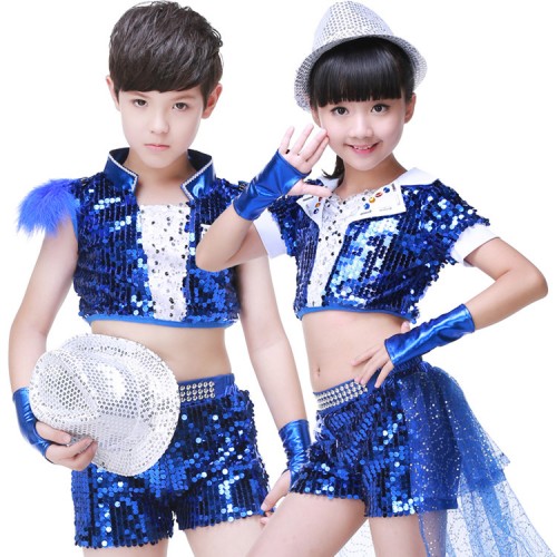 Hip Hop Dance Costume Children Boys Girls blue sequin Jazz Dance Performance Shirt Pants Clothes Hip Hop Children Jazz Dancewear