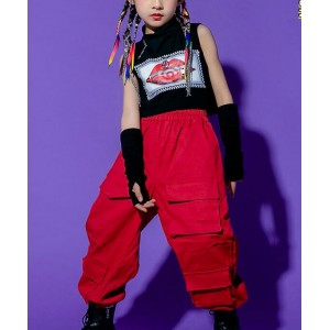 Hiphop dance costumes for girls street jazz dance outfits red lips pattern gogo dancers  kids rapper singers stage performance costumes for girls 