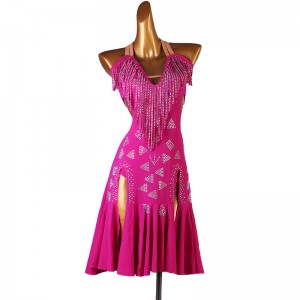 Hot pink Fuchsia Competition Latin Dance Dresses for Women Girls fringed with rhinestones side slit rumba chcha dance bling dress for woman
