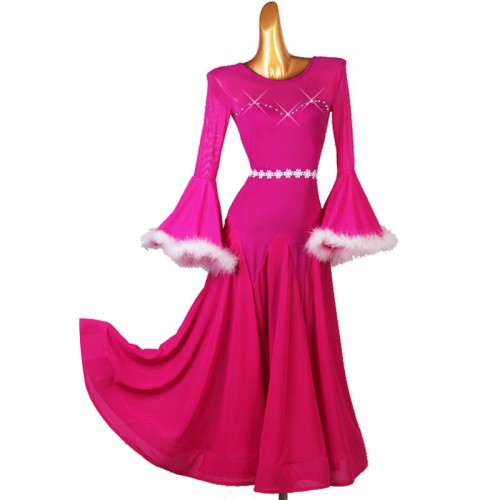 Hot pink with white feather competition ballroom dance dresses for women girls long flare sleeves waltz tango foxtrot smooth dance long dress