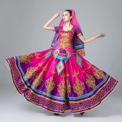Indian dance performance dresses fuchsia pink female exotic Xinjiang dance costumes belly dance performance Xinjiang Uyghur clothing