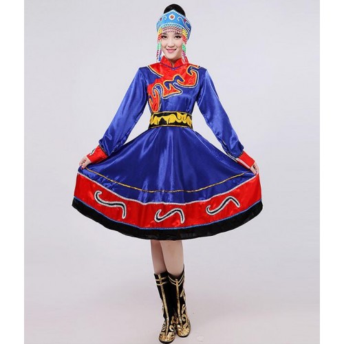 White royal blue fuchsia Tibetan Chinese Folk Dance Costume Women Mongolian Performance Long Dresses