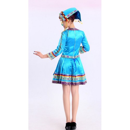 Blue red Women chinese national traditions clothes Tujia hmong miao dress clothing dance stage performance costumes