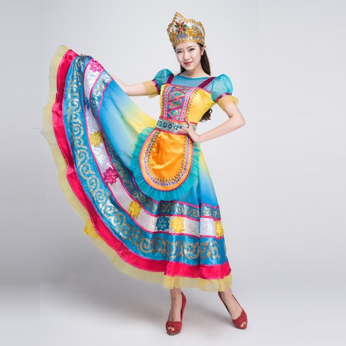 Blue women ladies traditional russian national costume russia clothing princess dance dresses costumes
