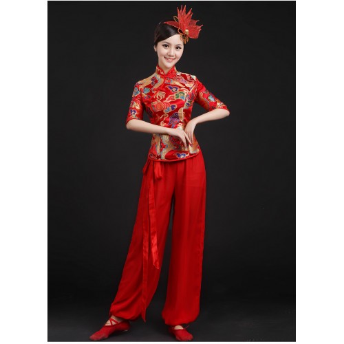 Yellow red Ancient Traditional Fan Dance Younger Chinese Folk drummer Fan Dance Costumes 