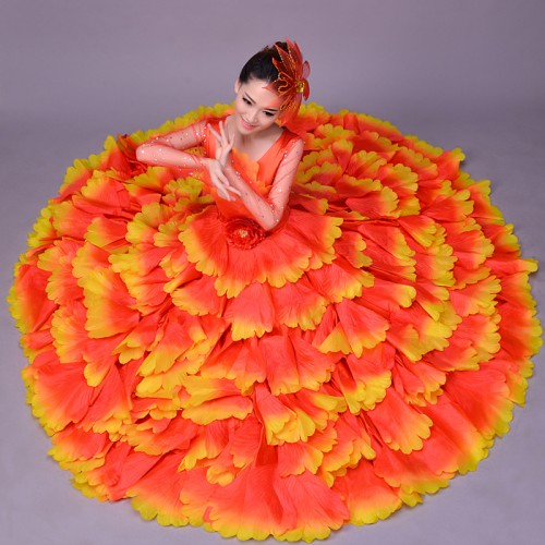 Long sleeves Flamenco dance costume expansion skirt costume wear petal skirt spanish flamenco dress
