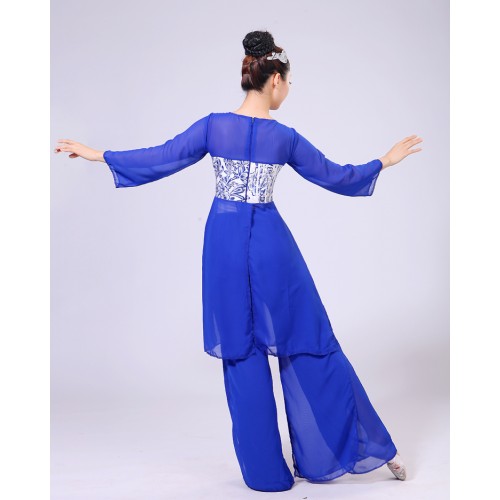 Royal blue Discount Ancient Traditional Fan Dance Younger Chinese Folk Dance Costumes Women