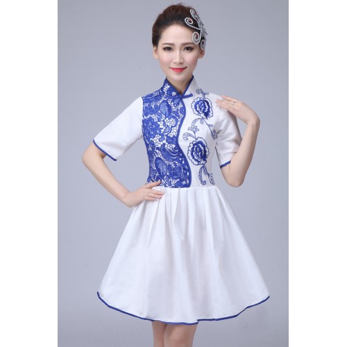 Lace blue and white porcelain costumes Chinese Style Classical Dance Ancient Chinese Folk Dance Costume 