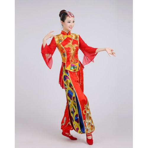 Ancient Traditional red gold royal blue Embroidery men And Women Chinese Folk Dance Costume 