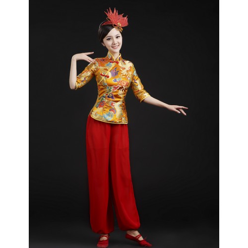 Yellow red Ancient Traditional Fan Dance Younger Chinese Folk drummer Fan Dance Costumes 