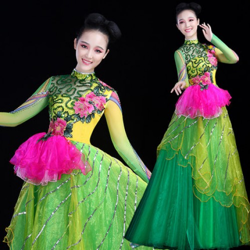 Green sequined flowers rose hot pink patchwork fashion competition fairy stage performance women's female flamenco party dancing long dresses