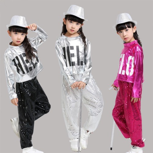 Silver and black fuchsia yellow sequined modern dance girl's kids children stage performance hiphop jazz singers ds costumes