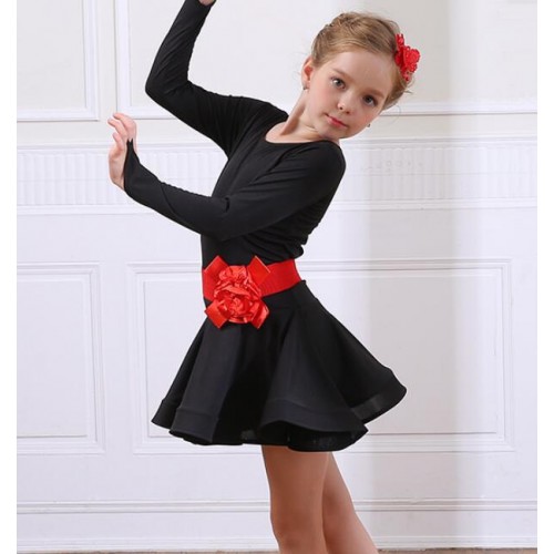 Children Black red latin dresses girls kids children stage performance competition latin salsa chacha rumba dance dresses outfits