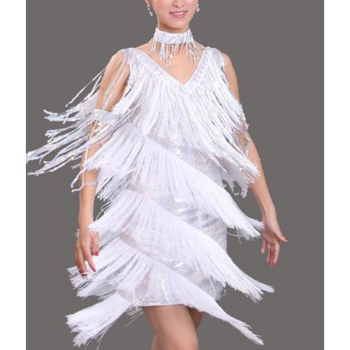 White modern dance latin dresses girl's kids children women's stage performance competition salsa sequined fringes latin dresses