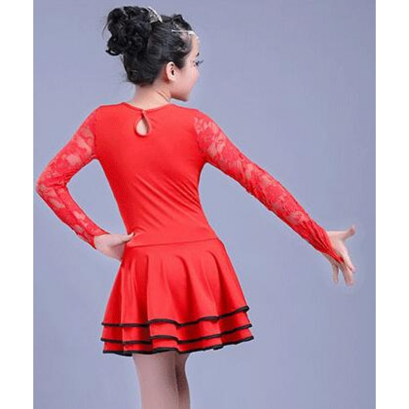 Girls latin dress for kids children stage performance red black lace ...