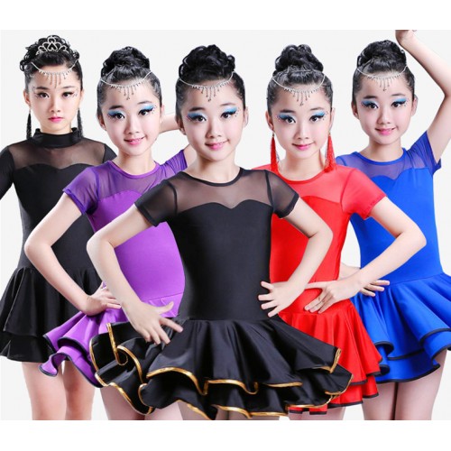 Kids latin dresses for girls stage performance blue red black school dancing competition salsa rumba dresses
