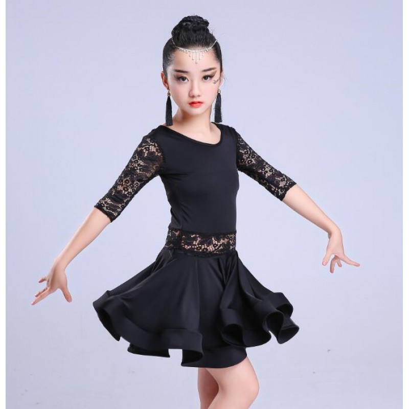 Girls latin dress competition stage school performance pink black lace ...