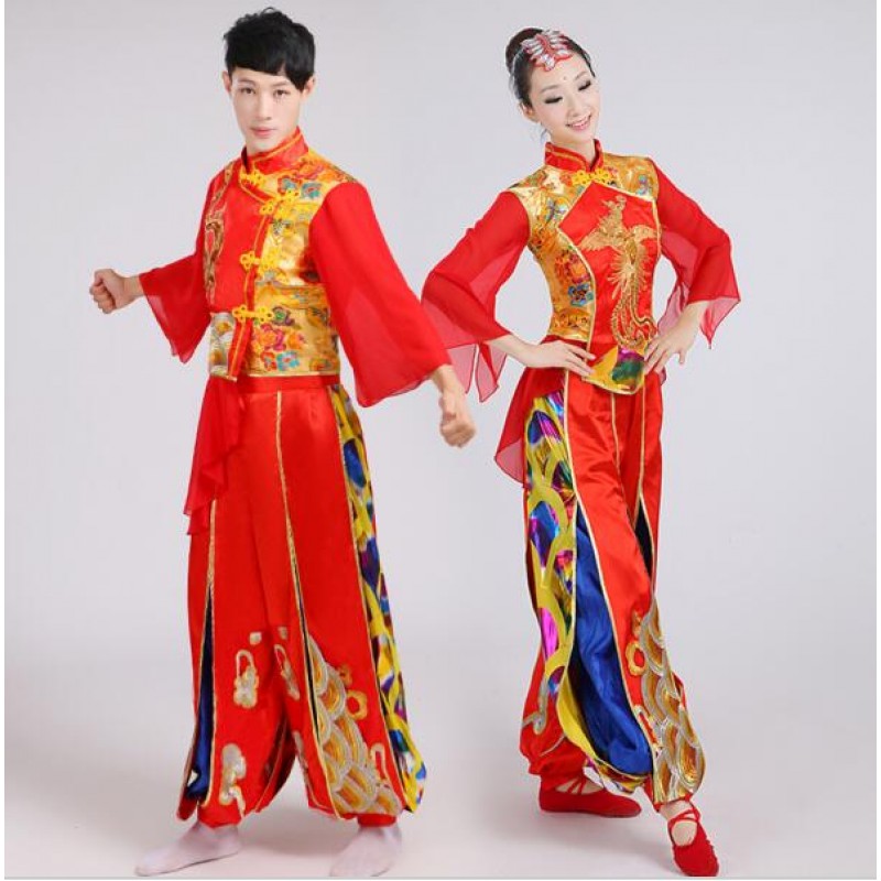 Ancient Traditional red gold royal blue Embroidery men And Women Chinese Folk Dance Costume 