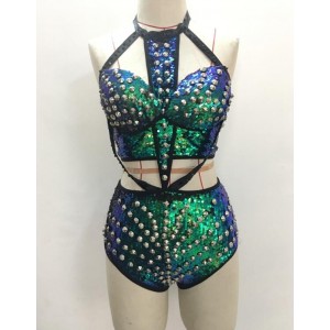 Bar  Green sexy bodysuit costumes green Symphony sequins jumpsuit Bra and shorts stage party nightclub dj jazz prom performance singer