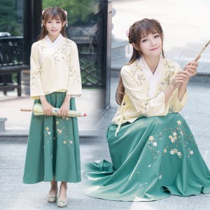 Beige with green patchwork Women's girl's Chinese ancient classical traditional Han fairy kimono cosplay performance  folk dance dresses 