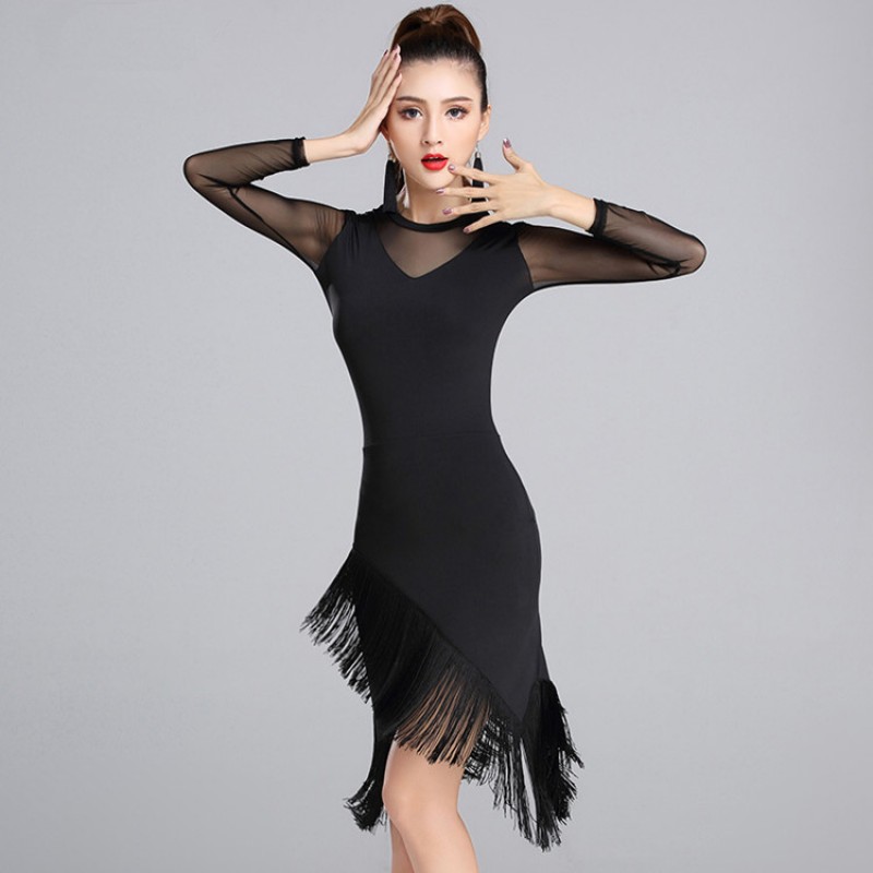Black and mesh patchwork see through long sleeves fashion competition professional women's ladies latin rumba salsa dance dresses