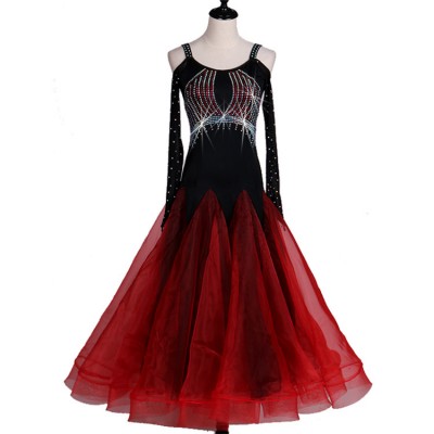 Black and red patchwork long sleeves dew shoulder diamond competition professional women's female ballroom tango waltz dancing dresses
